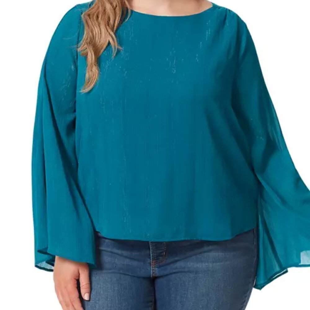 Jessica Simpson Bell Sleeve Top Women's Plus Size 1X Teal Blue Lined Boho Loose